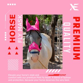 XE Horse Fly Mask with Ears –Breathable Mesh Horse Mask for UV Protection and Equine Fly, Standard Equestrian Pink Horse Fly Mask (Cob, M)