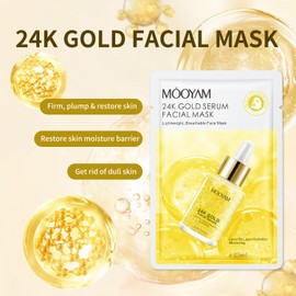 24K Gold Moisturizing Face Mask Sheet for Women，Hydrating Daily Facial Masks Sheet Skin Care 24K Gold Face Mask Sheet for Dull Dry Oil Skin -All Skin Types (10 Pack)