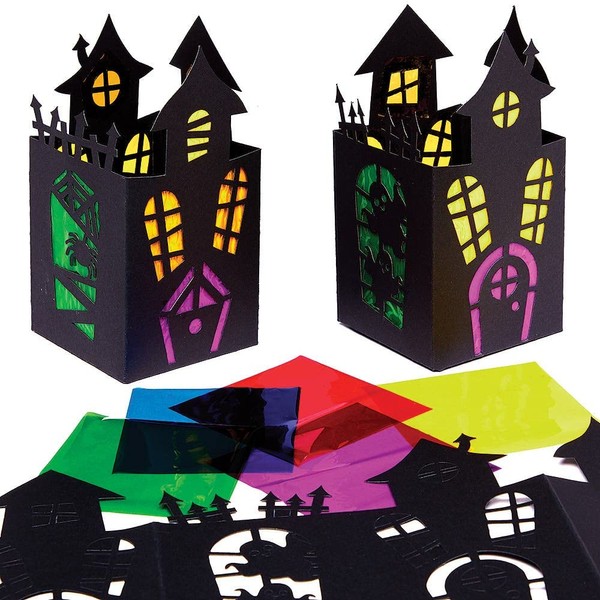 Baker Ross FX188 Haunted House Stained Glass Lantern Kits - Pack of 4, Halloween Party Decoration, Arts and Crafts Kits for Kids