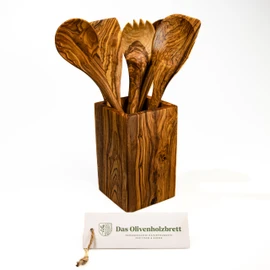 DAS OLIVENHOLZBRETT® Besteckhalter/Köcher 16cm incl. 5er Set Pfannenwender/Kochlöffel, Löffel mit Ecke + Salatbesteck Olivenholz/Holzlöffel/Küchenutensilien Holz Set/Kochlöffel Set 30cm