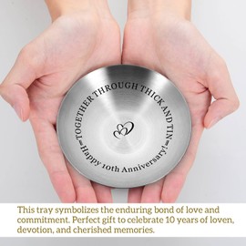 10 Year Anniversary Tin Gifts for Women Men – Engraved Ring Dish for Couple Wife Husband – Romantic 10th Wedding Jewelry Tray for Him Her, Christmas Valentines Birthday Presents