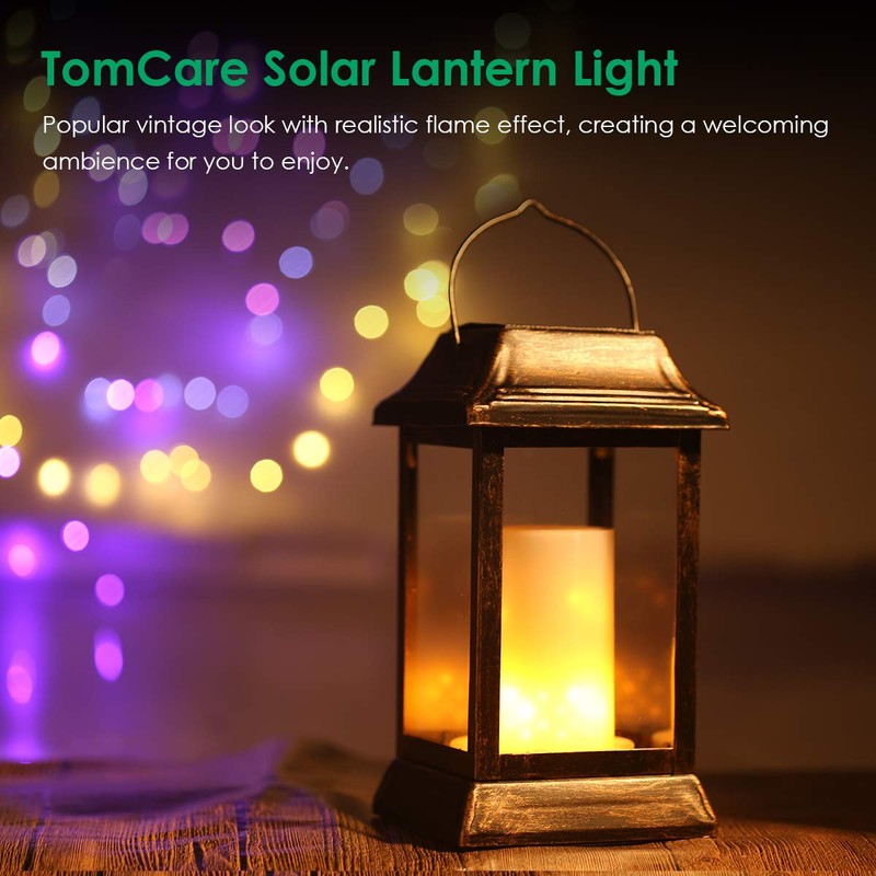 TomCare Flickering Flame Solar Lights Outdoor Metal Hanging Lantern, 2