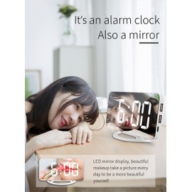 LED Mirror Clock Mini Digital Alarm Clock Table Clock with Snooze Function 3 Adjustable Brightness Auto-Adapt Backlight