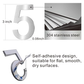 XYL HC 3 Inch Premium Stainless Steel House Numbers, Mailbox Numbers, Super Strong Self-Adhesive Metal Address Numbers, Suitable For Number Signs In Hotels, Apartments, And Courtyards (Silver 5)
