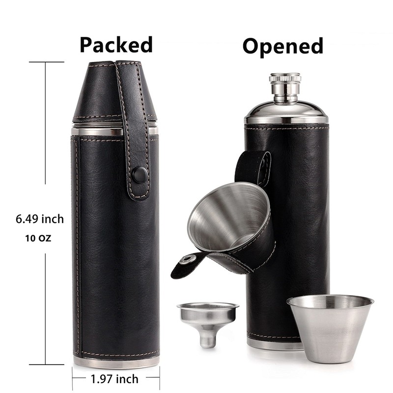 GENNISSY 10oz Black Bucket Hip Flask - PU Leather Stainless