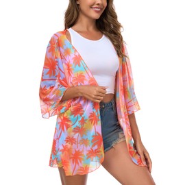 RELLECIGA Women's Lightweight Kimono Cardigan Beach Cover Up Casual Blouse Tops, Orange Coconut Tree, Small