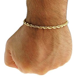 Bling Cartel Mens 14k Gold Plated Rope Bracelet 8" Inch x 4 MM Twisted Braided Hip Hop Pulsera Wrist Chain