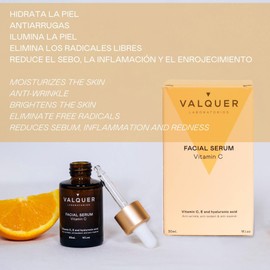 Valquer Laboratorios Vitamin C Facial Serum Anti-Wrinkle Anti-Acne and Antioxidant With Hyaluronic Acid All Vegetarian Skin Types 91% d'ingrédients naturels 30 ml