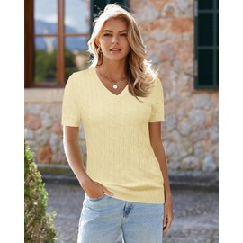 Arach&Cloz Sweater for Women 2025 Spring Fashion Clothes V Neck Short Sleeve Summer Cute Tops Dressy Business Casual Trendy Teacher Travel Outfits Cashmere Blouse Shirts Lightweight Cream M