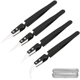 ZHUROUPU 4 Pcs Reverse Tweezers, Precision Ceramic Stainless Steel ESD Tweezers Non-Conductive Heat Resistant Anti-Magnetic Pointed & Curved Tip Tweezer for Solder, Pinching Coils, Electronics (Black)