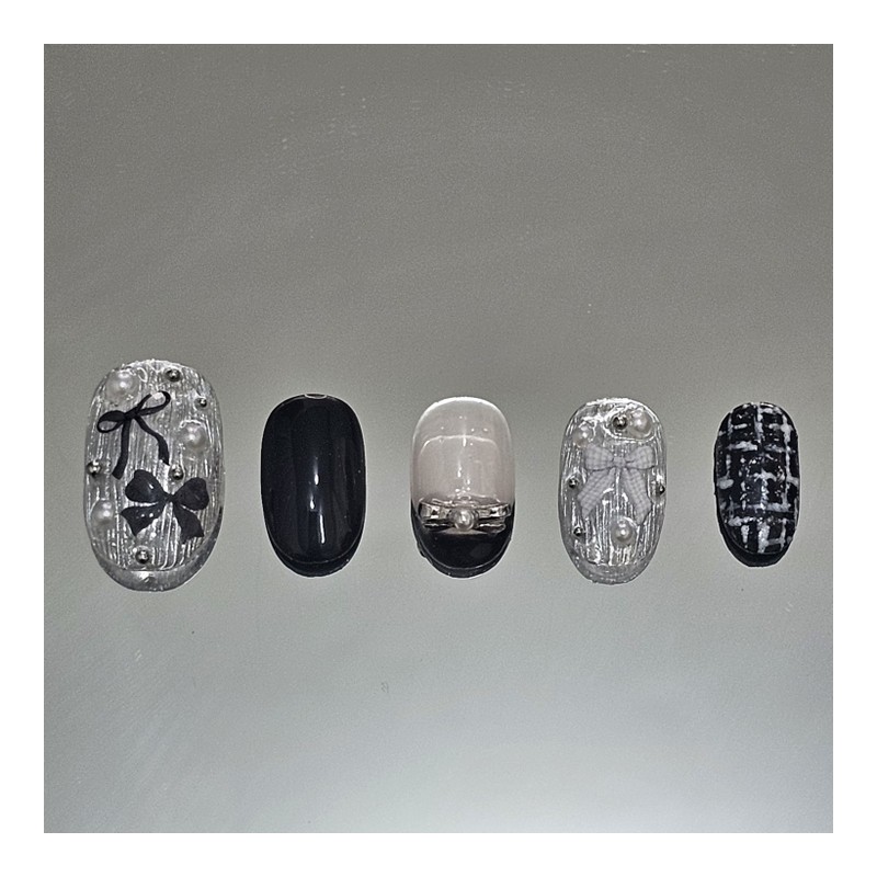 Black Silver Ribbon [Handmade Nail Tips] Emily Nail - Mini