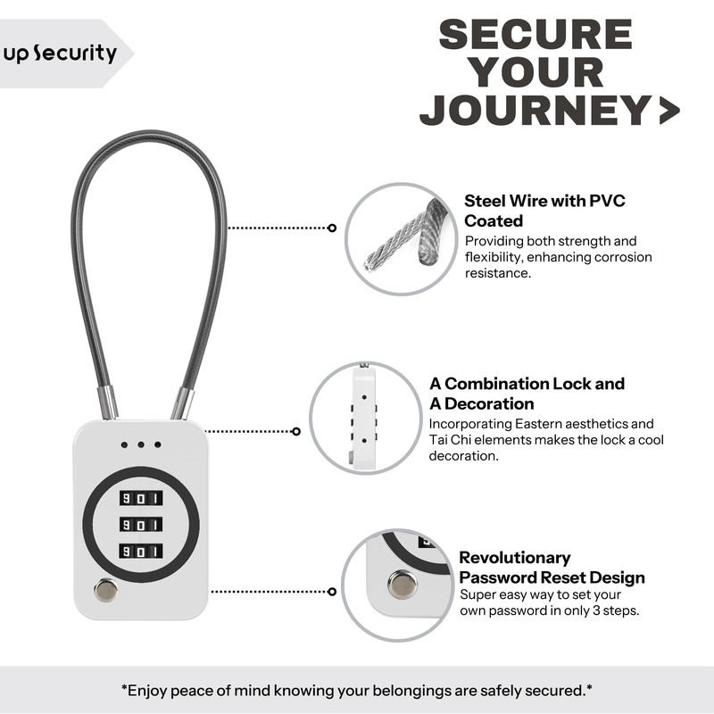 UP Security 3 Digit Combination Padlock with Cable, Luggage, Backpack