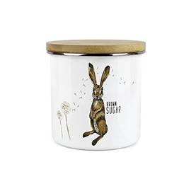 Purely Home Hares and Dandelions Brown Sugar Storage Canister by Rhiannon Chauncey - White Metal Enamel Kitchen Food Storage Container