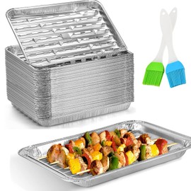 BURNTOP 30 Packs Disposable Barbecue Tray Storing Food Baking Aluminum Foil Drip Tray 34 x 23 x 2.8cm Large Capacity Barbecue Tray Perforated Drip Tray for Barbecue Grilling Baking