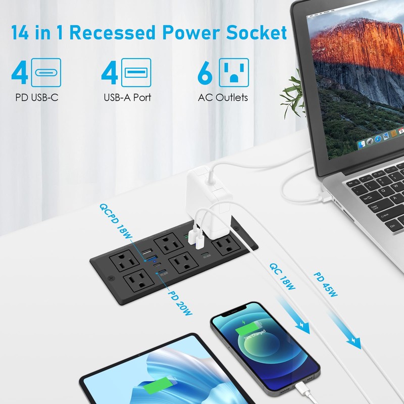 Recessed Power Strip with 45W USB C, Furniture Desk Flush