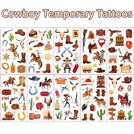 Qpout 10 Sheets Cowboy Temporary Tattoos Western Horse, Rodeo Hats, Boots & Face Stickers - Perfect for Boys Cowboy Crafts & Western Party Favors