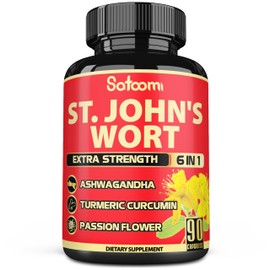 Satoomi St. John's Wort Capsules Extract Supplement - 6 Herbs Equivalent 5050 mg - Emotional Balance, Joyful Mood & Mood Support - 1 Pack 90 Veggie Caps 3-Month Supply