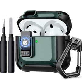 GEAK Funda para Airpods 4, Protector Total contra Caídas con Diseño de Cierre Seguro con Kit de Limpieza y Llavero, Estuche Antigolpes para AirPods 4ta Generación(2024) Hombre, Verde
