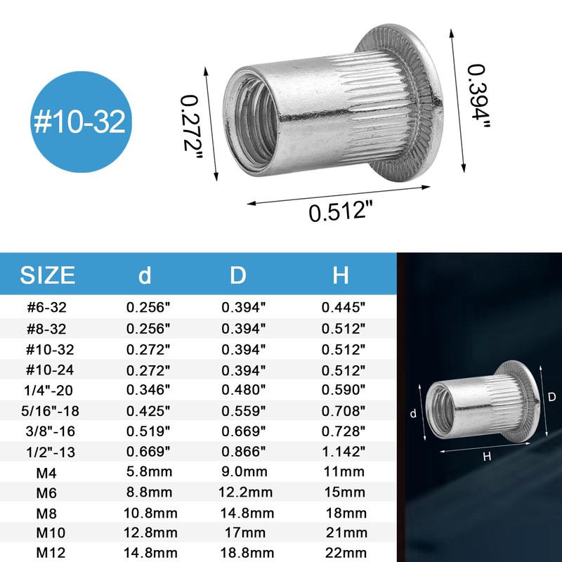 50PCS #10-32 Rivet Nuts 304 Stainless Steel Rivets Nutsert Flat