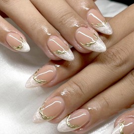White French Tip Press on Nails Short Almond Fake Nails 3D Gold French Line False Nails Glossy Full Cover Glue on Nails Acrylic Nails Artificial Stick on Nails Chrome Glue on Nails for Women 24Pcs