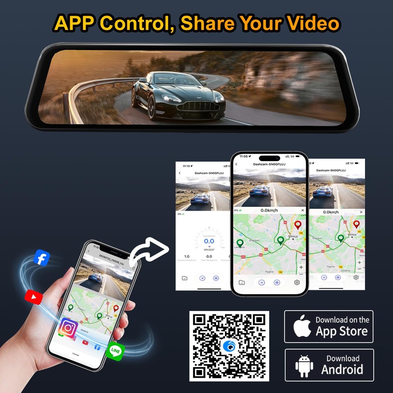 3 Channel Mirror Dash Camera for Cars, 10" Triple Rear