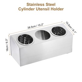 uxcell Kitchen Utensil Holder, Stainless Steel Cylinder Flatware Silverware Utensil Holder with 3 Compartments, Caddy Drying Rack Countertop Silverware Organizer for Buffets (3 Holes)