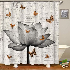 RnnJoile Lotus Shower Curtain Set Cloth Grey Flower and Butterfly Bath Curtain Zen Floral Bathroom Decor with Hooks 72"×72" Retro Newspaper Background