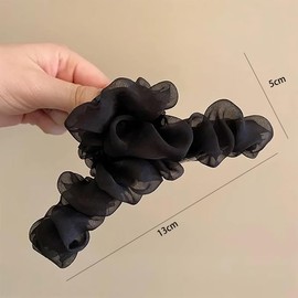 シャーククリップ ヘアクリップ 大きめしバンスクリップ シフォン ドームヘアクリップ ふわふわ しっかり 人気 上品 おしゃれ シンプル レディース用 通勤 出掛け ブラック