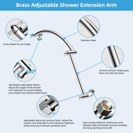 Hibbent All Metal 20'' Shower Head Extension Arm, Solid Brass Flexible Height & Angle Adjustable Shower Arm Extender with Lock Joint, Universal Connection Stainless Steel Pipe Height Extending, Chrome