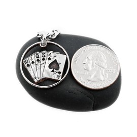 Playing Cards Necklaces, Royal Flush, Good Hand, Card Collector, Ace, King, Queen, Jack, 10 of Spades, Game-Time, Hand Cut and Engraved Coin, By NameCoins