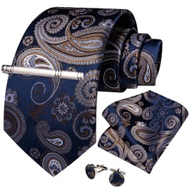 DiBanGu Conjunto de pañuelo y gemelos de seda para hombre con corbata y bolsillo, Azul Marino café Blanco, Talla única