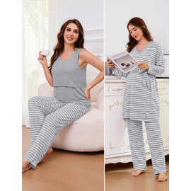 SWOMOG Maternity Nursing Robe Set 3 PCS Women Postpartum Pajamas Breastfeeding Labor Delivery Hospital Pregnancy Pjs (Grey Striped, Small)