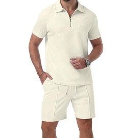 QIXING Mens Shorts and T shirt Sets Polo Colloar Mens Summer 2 Piece Holiday Clothes Co ord Shorts Set with half Zip Tracksuit (Beige, S)