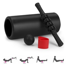 CINDALOG 5 in 1 Foam Roller Set for Deep Tissue Muscle Massage, Trigger Point Fitness Exercise Foam Roller, Massage Roller, Massage Ball, Stretching Strap, for Whole Body (Black)