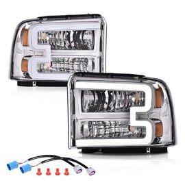 CROSSDESIGN LED DRL Headlight Assembly Compatible with Ford F250 F350 F450 F550 Super Duty 05-07 /Fit Ford Excursion 05 HeadLamps LH & RH Clear lens Chrome Housing Clear Reflector