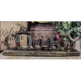 Ebros Gift 10" Long Rustic Western Cowboy Word Art Sign in 3D Letters of Ropes Horseshoes Cowboy Hat Lantern Belt Buckle On Barn Style Wooden Plank Desktop Plaque Wild West Country Farmhouse Accent