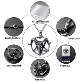 KIRTIJW Satanic Necklace Goat Head Inverted Pentagram Pendant Necklace Jewelry for Men 60cm