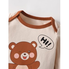 Newborn Baby Boy Outfit Cartoon Bear Print Button Down Romper Pants Hat Infant Clothes Set Brown Newborn