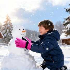XTACER Boy's Girl's Kid's Ski Snow Gloves Snowboard Winter Warm Cold Weather Gloves for Boys Girls Children (Hot Pink-Long Cuff, 10-12 Years)
