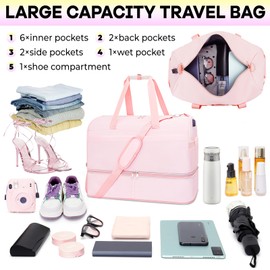 Weekender Bags for Women, 60L Extra Large Travel Duffle Bag with Shoe Compartment,Carry on Overnight Bag with Wet Pocket & Toiletry Bag,Convertible Travel Tote Backpack for Gym Sport Hospital 4Pcs Set
