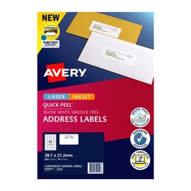 Avery Quick Peel™ A4 Labels for Laser & Inkjet Printers - Printable Packaging, Shipping & Address Labels - Mailing Stickers - White, 38.1 x 21.2 mm, 650 Labels / 10 Sheets (959419 / L7651)