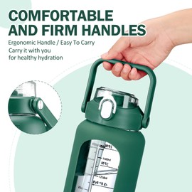 kytffu 64oz Glass Water Bottles with Straw, Half Gallon Motivational Glass Bottle with Silicone Sleeve and Time Marker, 2L Leakproof Large Glass Water Jug for Gym Home Office, Ink Green