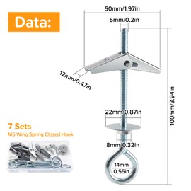 Lyeteung 7 Sets M5 Wing Spring Hook, Spring Toggle Wing Closed Hook, Ceiling Plasterboard Mount Hook, with Hex Nuts, Washers, for Plasterboard Hollow Walls Hanging Plants Fixing