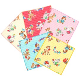 Cluster Kids Handkerchief [Completely Made in Japan] 100% Cotton Gauze Handkerchief Cute Pattern (5 Antibacterial Mini Handkerchiefs/Retro Set)
