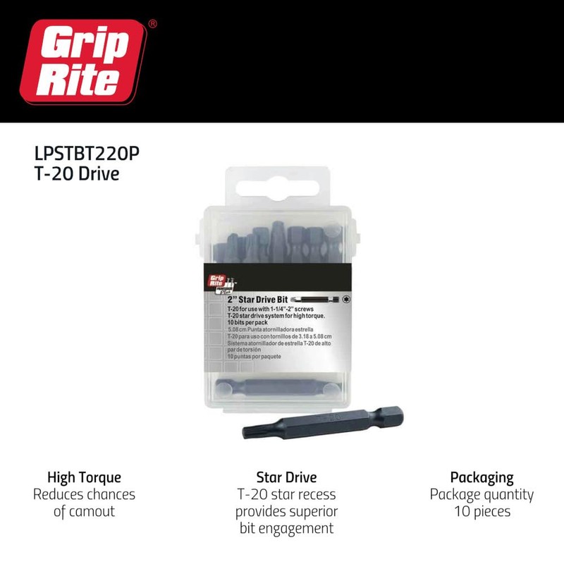 Grip-Rite LPSTBT220P, PrimeGuard Plus 2" T20 Bit, 10 Pack