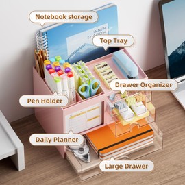Marbrasse Desk Organiser with 3 Drawers,Large Capacity Pencil Holder for Desk,Stationary Organiser with 4 Compartments and Accessories,Desk Tidy Organiser for Office,Home and School (Pink)