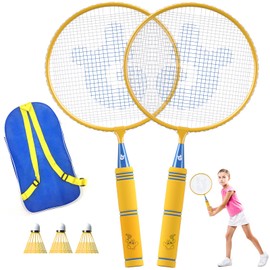 JOY SPOT! Kids Badminton Rackets Set with Soft Grip, Oversize & Lightweight Shuttlecocks Racquet with Carry Bag for Children Youth, 2 Player Sport Game for Indoor Outdoor Backyard (Yellow)