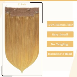 Anrosa Wire Hair Extensions Heat Resistant Strawberry Blonde 14 Inch 75g Human Hair Extensions with Fish Line Invisible Transparent Balayage Straight Real Human Hair Extensions Adjustable Clips