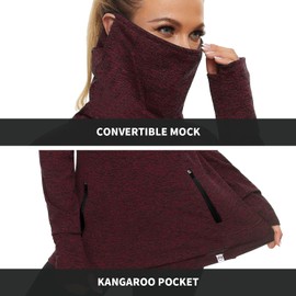 Soneven Womens Fleece Running Pullover with Cowl Neck Thumb Holes and Removable Neck Gaiter Red Large