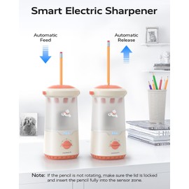 JUPITEARTH Electric Pencil Sharpener for Kids, Hands-Free, Rechargeable, Auto in & Out Spaceship Fully Automatic Pencil Sharpener Fits 6.9-11mm Colored/No.2 Pencils for Classroom Home Office (Pink)